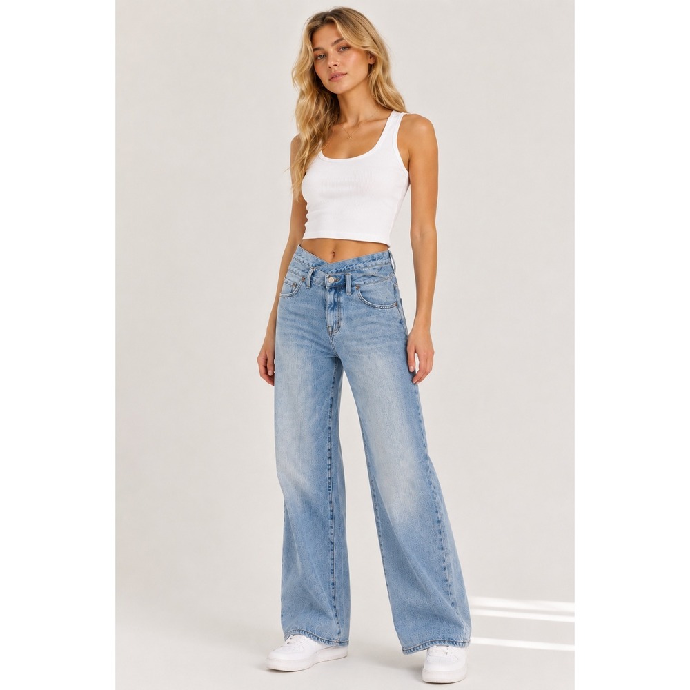 Pistola Lennon Jeans 26 Nelson Light Wash Crossover High Rise Wide Leg Asymmetry